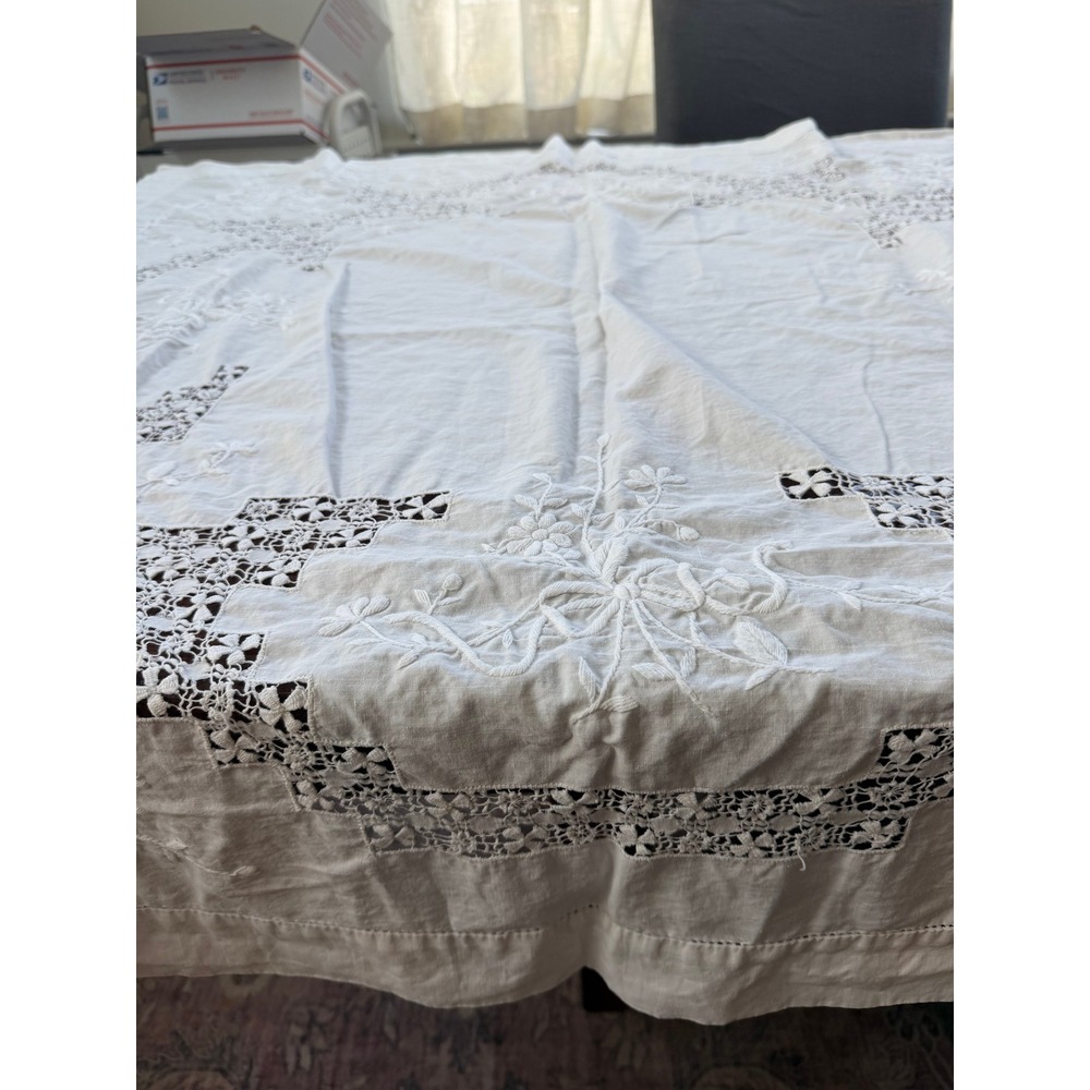 Vintage White Linen Tablecloth Hand Embroidered Floral Cutwork Lace 50x50 Square